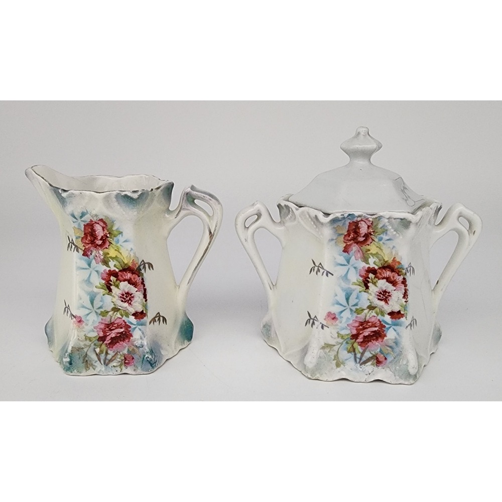 Bavarian Creamer and Sugar Set White Floral Victorian Porcelain PLEASE READ